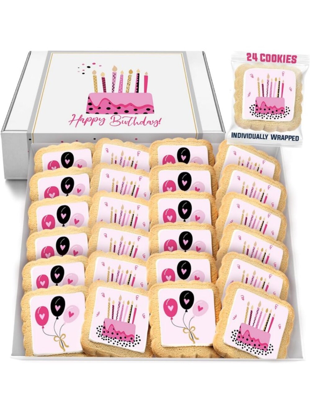 Happy Birthday Cookies Party Favors | Individually Wrapped 24 Pack | Pink Cake